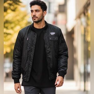 Upstream Racing Division Bomber Jacket Vintage Moto Zip Black Sports Mens Size M